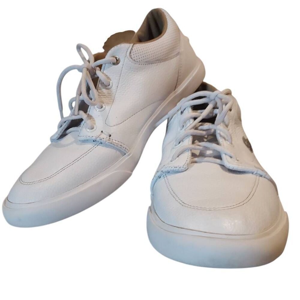 Lacoste Men's Size 7 White Leather Boat Shoes – Iconic Croc Logo, Minimalist Sty